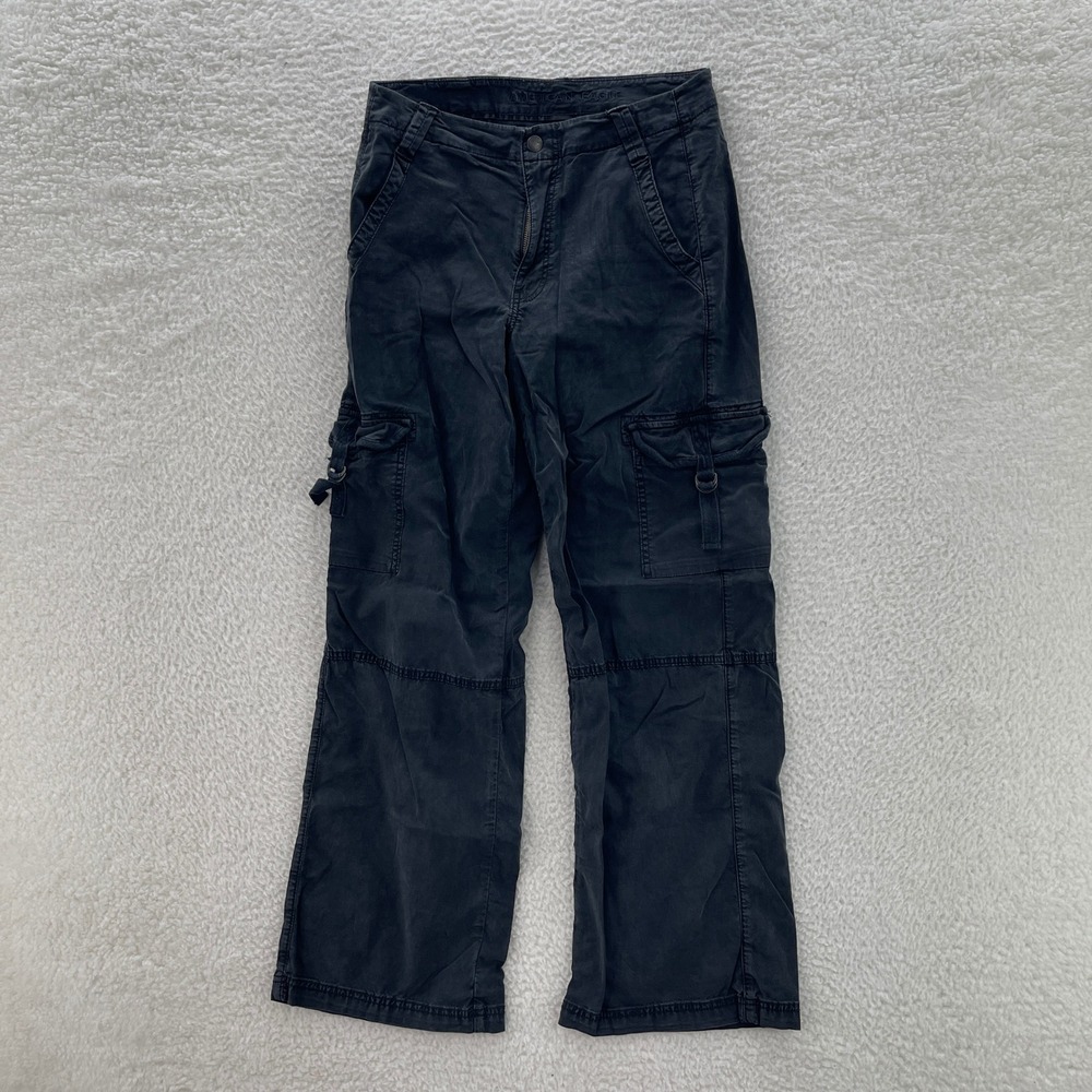 American Eagle Cargo Pants Women 4 Black Super High Rise Baggy Wide Leg Y2K